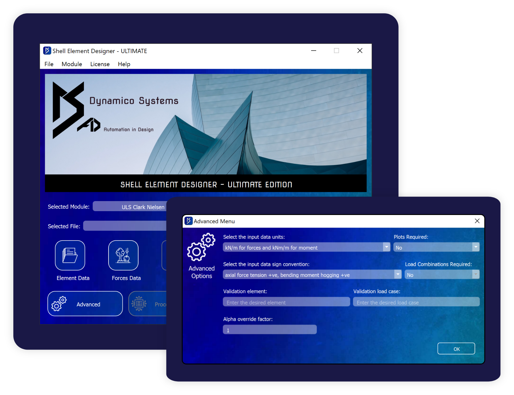 Shell Element Designer application windows